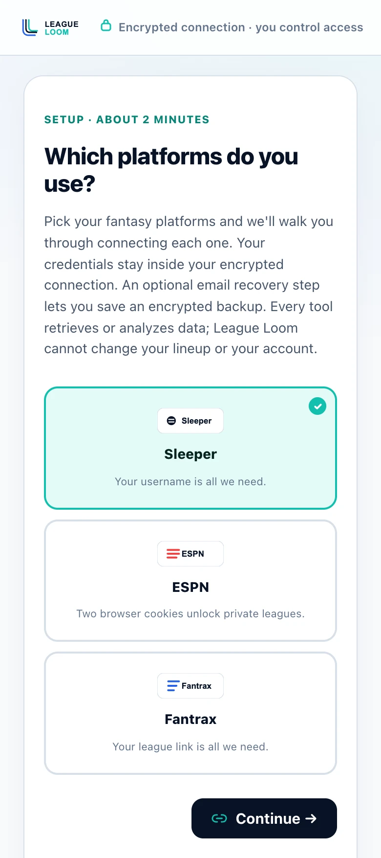 The League Loom setup page in a phone browser, titled Which platforms do you use?, with the Sleeper card selected.