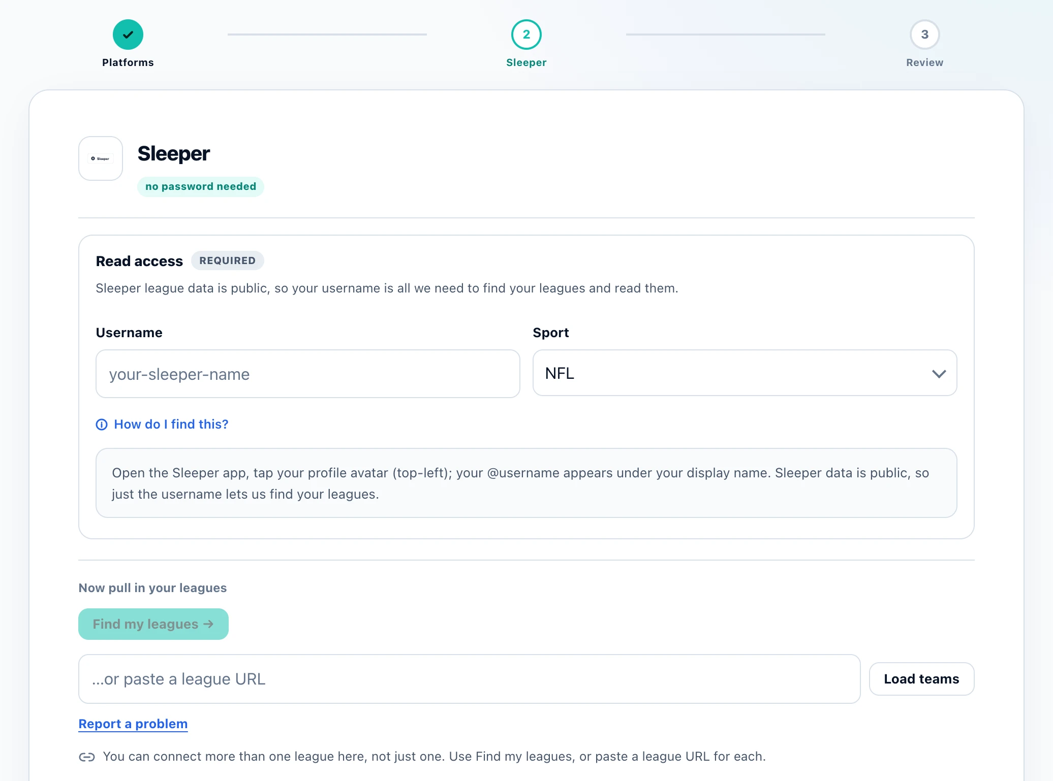League Loom Sleeper setup step with an empty Username field, a Sport menu set to NFL, help text on finding your username in the Sleeper app, and a Find my leagues button.