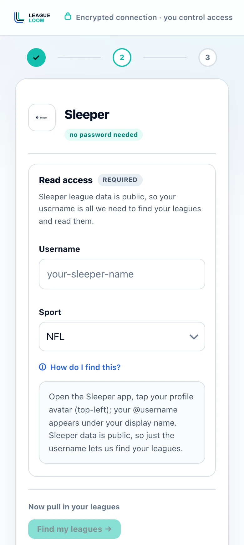 The League Loom Sleeper setup step in a phone browser, with an empty Username field and help text on finding your username in the Sleeper app.